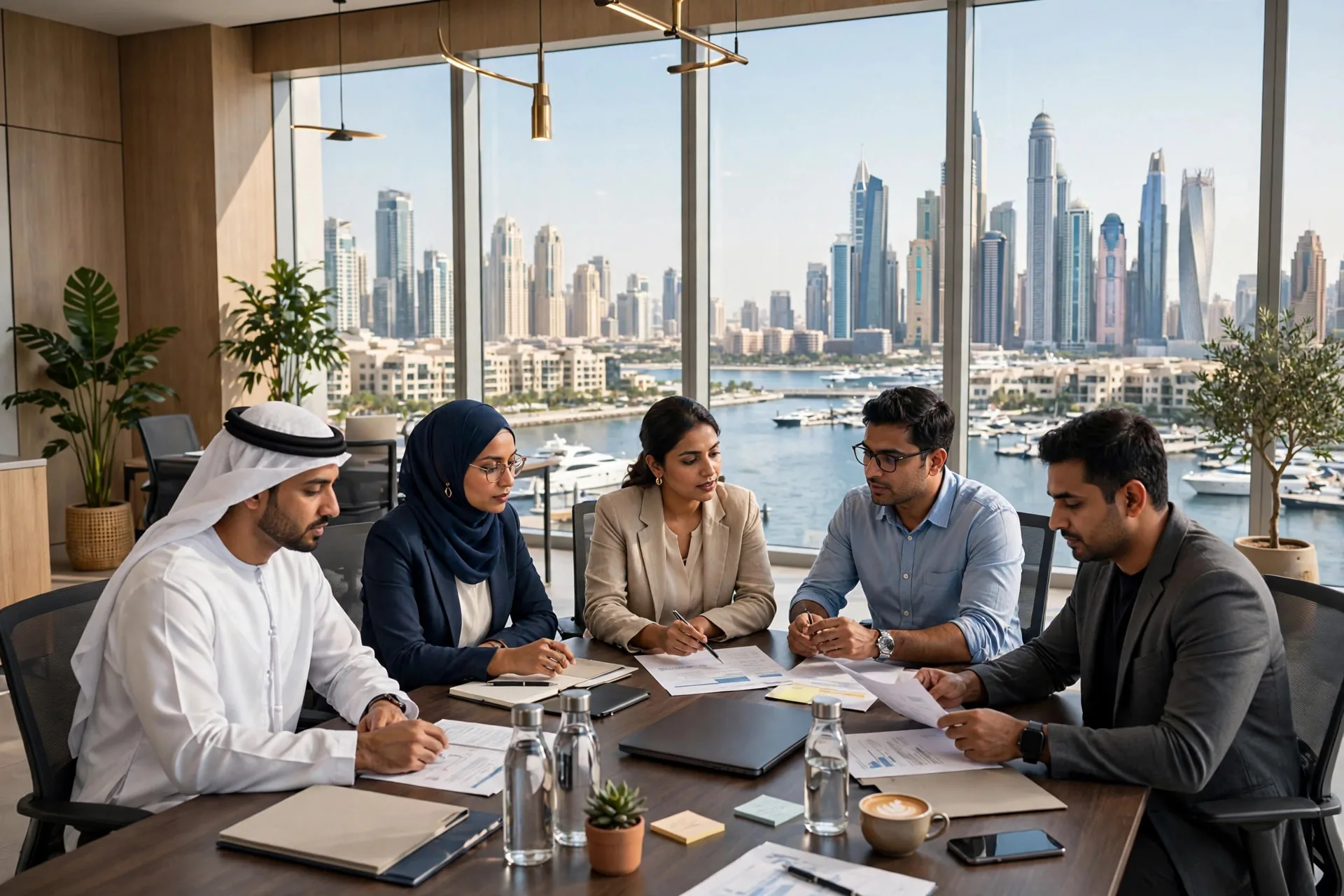 UAE accountants reviewing corporate tax documents in a Dubai office
