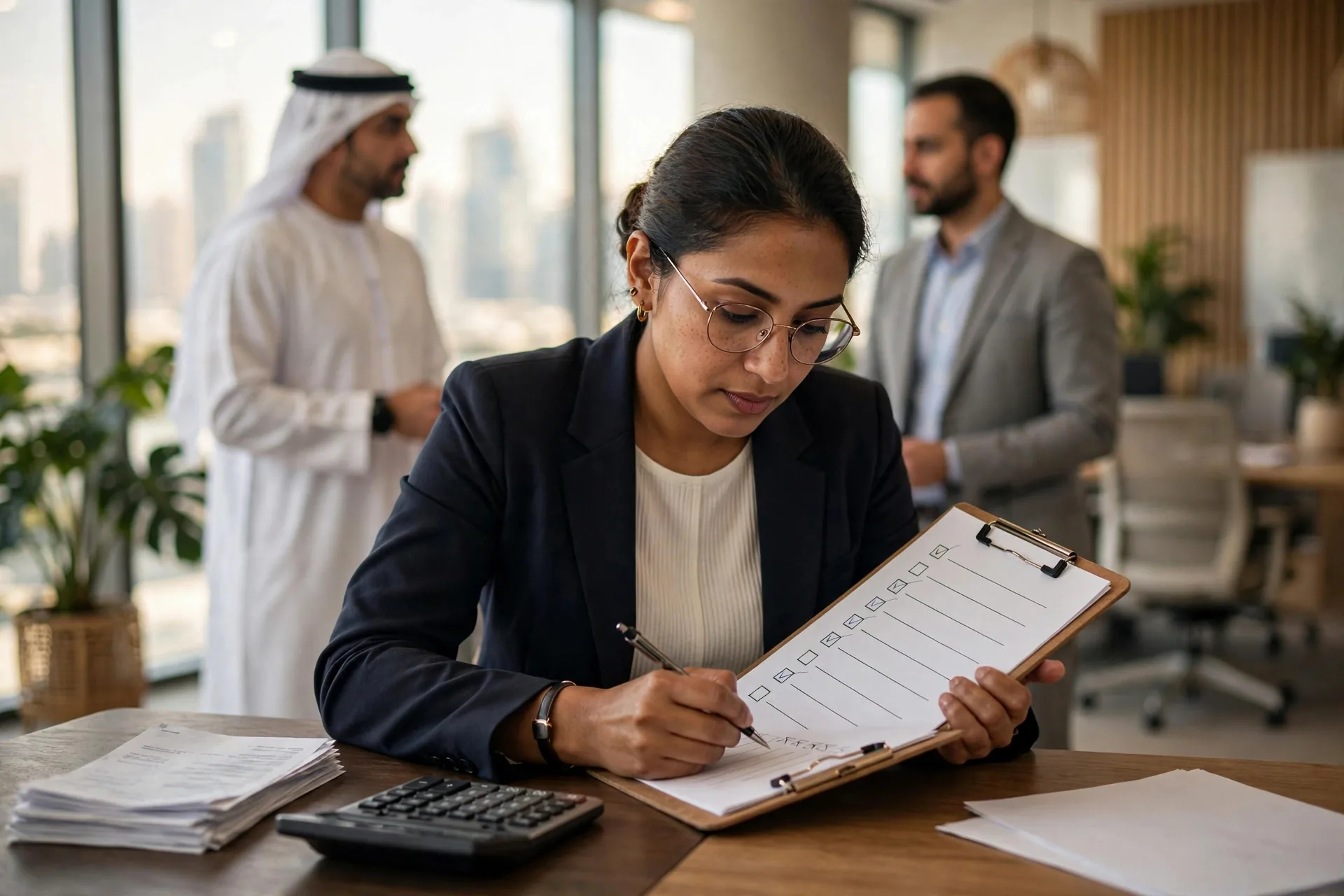 Accountant reviewing taxable supplies against the AED 375,000 VAT registration threshold