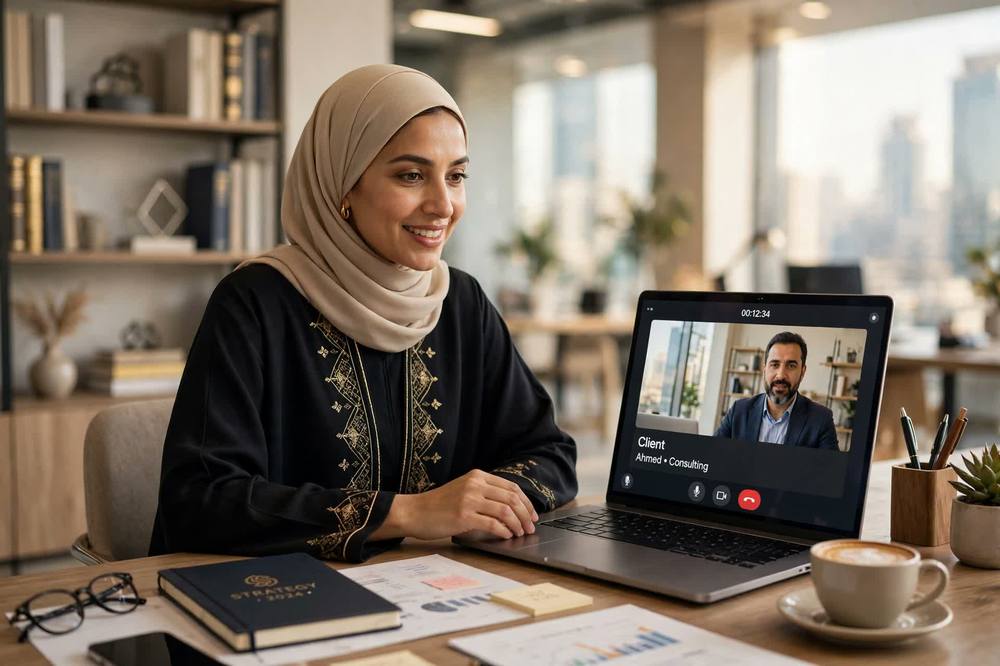 Remote finance department consultant on a video call with a UAE client