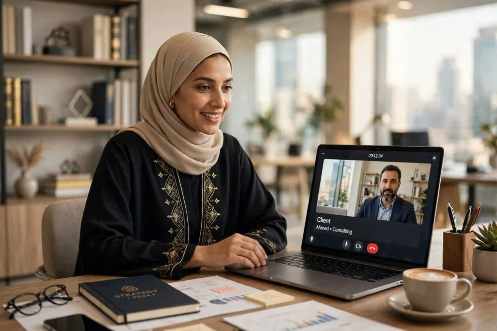 مستشار القسم المالي عن بُعد في مكالمة فيديو مع عميل إماراتي